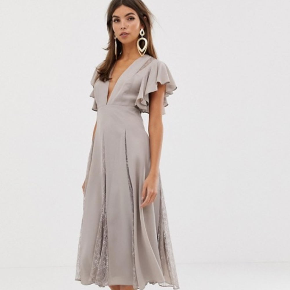 Grey Midi Dress with Lace Panels